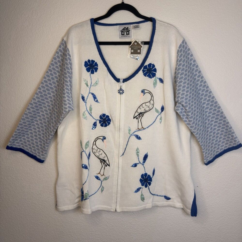 Storybook Knits Endangered Wood Stork Cardigan Sweater 3X White Blue Zip NWT